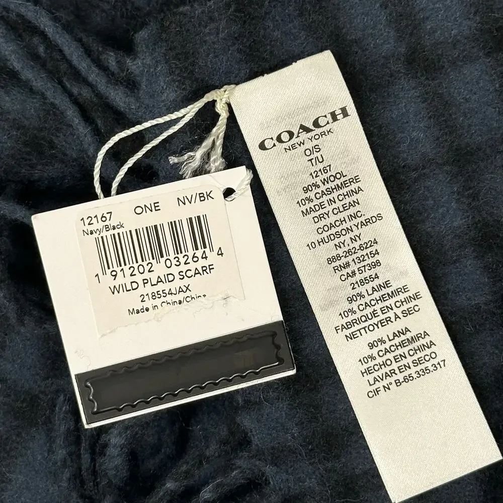 Coach Wild Plaid Scarf Wool Cashmere Navy Black
